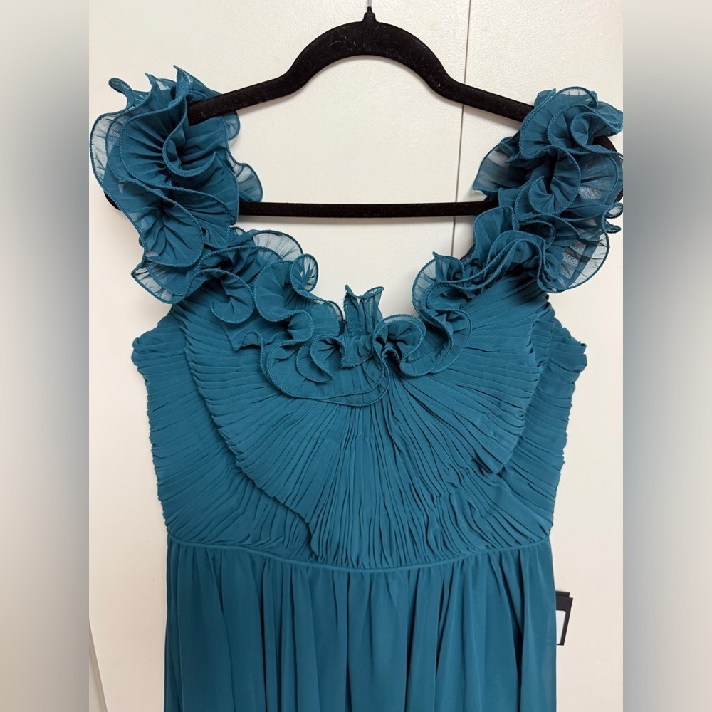 NWT Mac Duggal 11591 Teal Ruched Off The Shoulder A Line Gown Size 10 - Picture 7 of 14